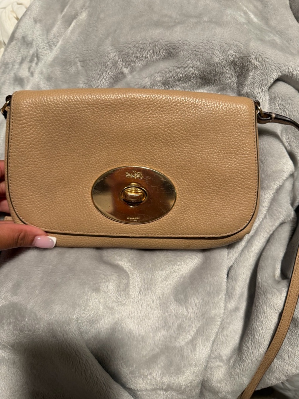 Coach Pebbled Leather Crossbody in Beige with Gold Turnlock